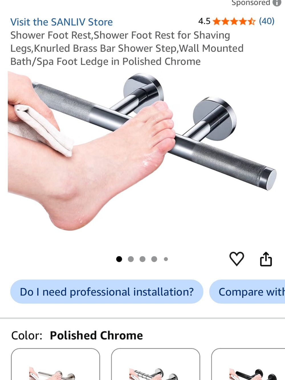 Polished Chrome Wall-Mounted Shower Foot Rest by